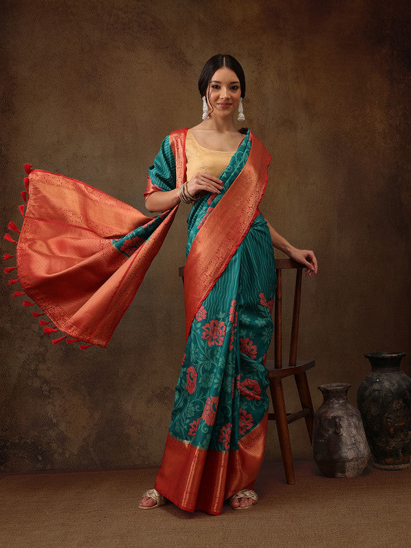 Turquoise Kanjeevaram silk saree with digital floral print and unstitched blouse piece