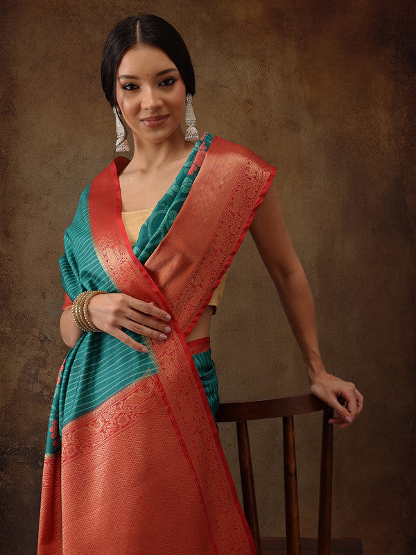 Turquoise Kanjeevaram Silk Digital Print Floral Saree with Blouse