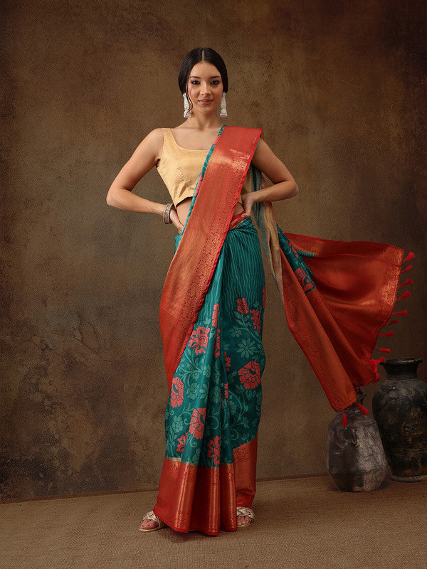 Turquoise Kanjeevaram Silk Digital Print Floral Saree with Blouse