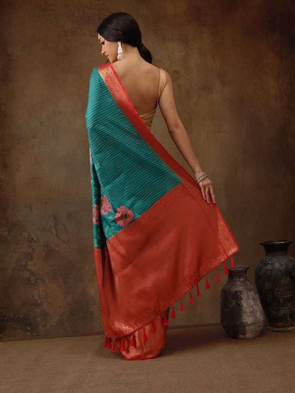 Turquoise Kanjeevaram Silk Digital Print Floral Saree with Blouse