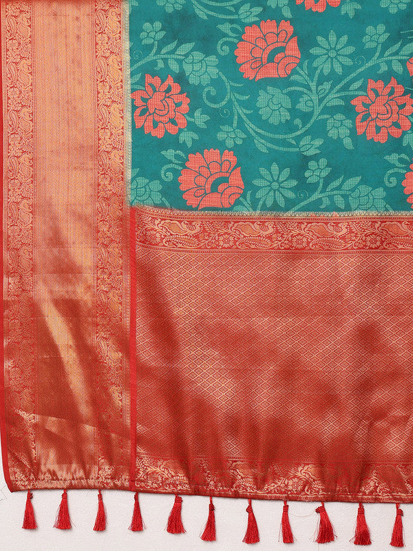Turquoise Kanjeevaram Silk Digital Print Floral Saree with Blouse