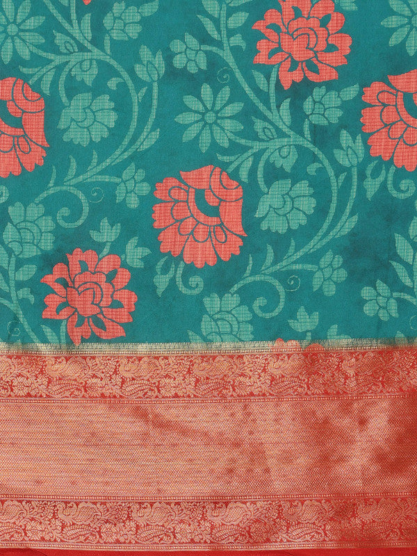 Turquoise Kanjeevaram Silk Digital Print Floral Saree with Blouse