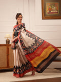 Beige Kotha silk saree featuring delicate floral digital prints.