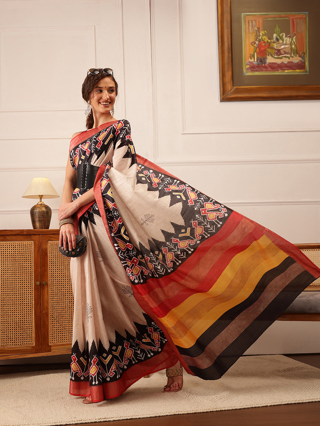 Beige Kotha silk saree featuring delicate floral digital prints.