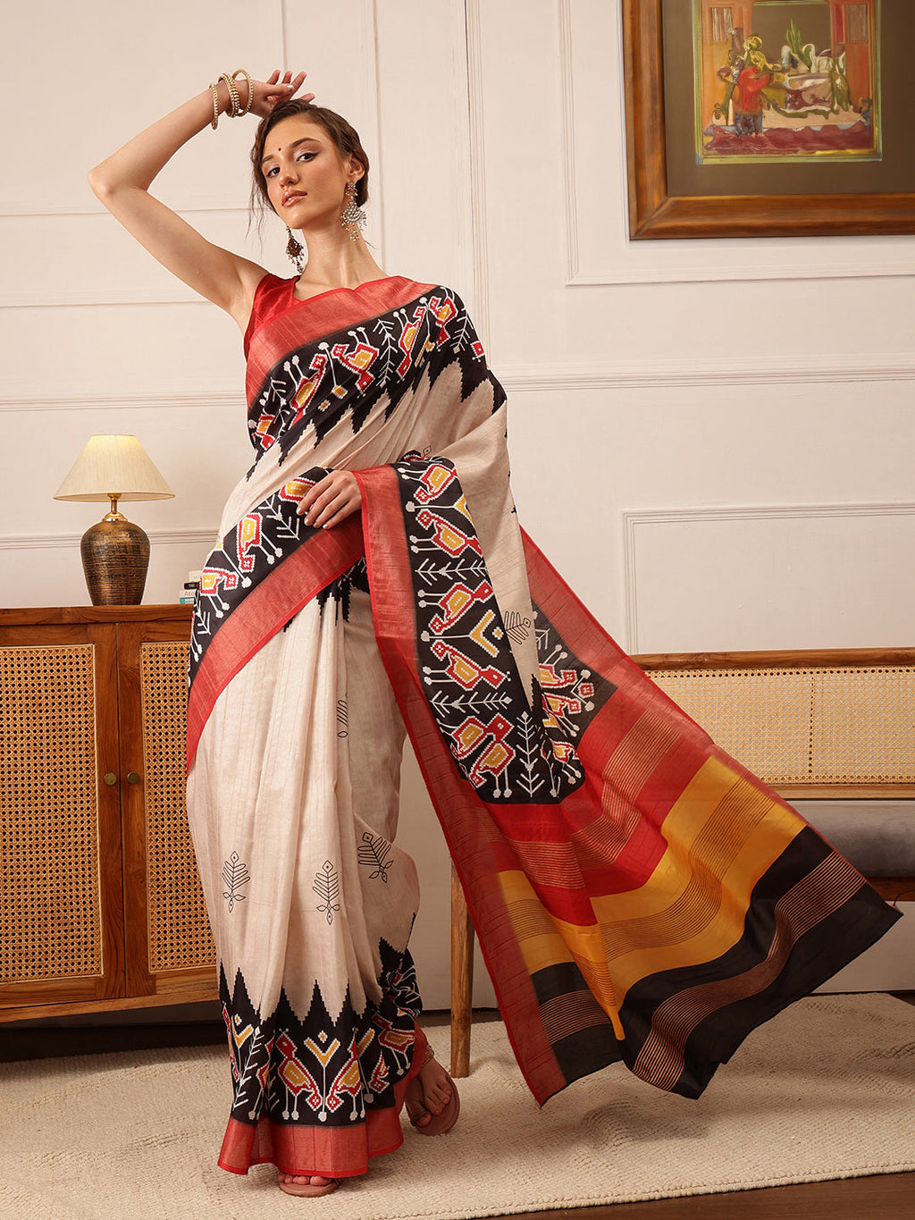 Beige Ikkat Kotha Silk Floral Digital Print Saree