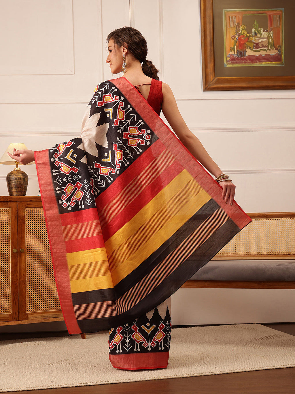 Beige Ikkat Kotha Silk Floral Digital Print Saree