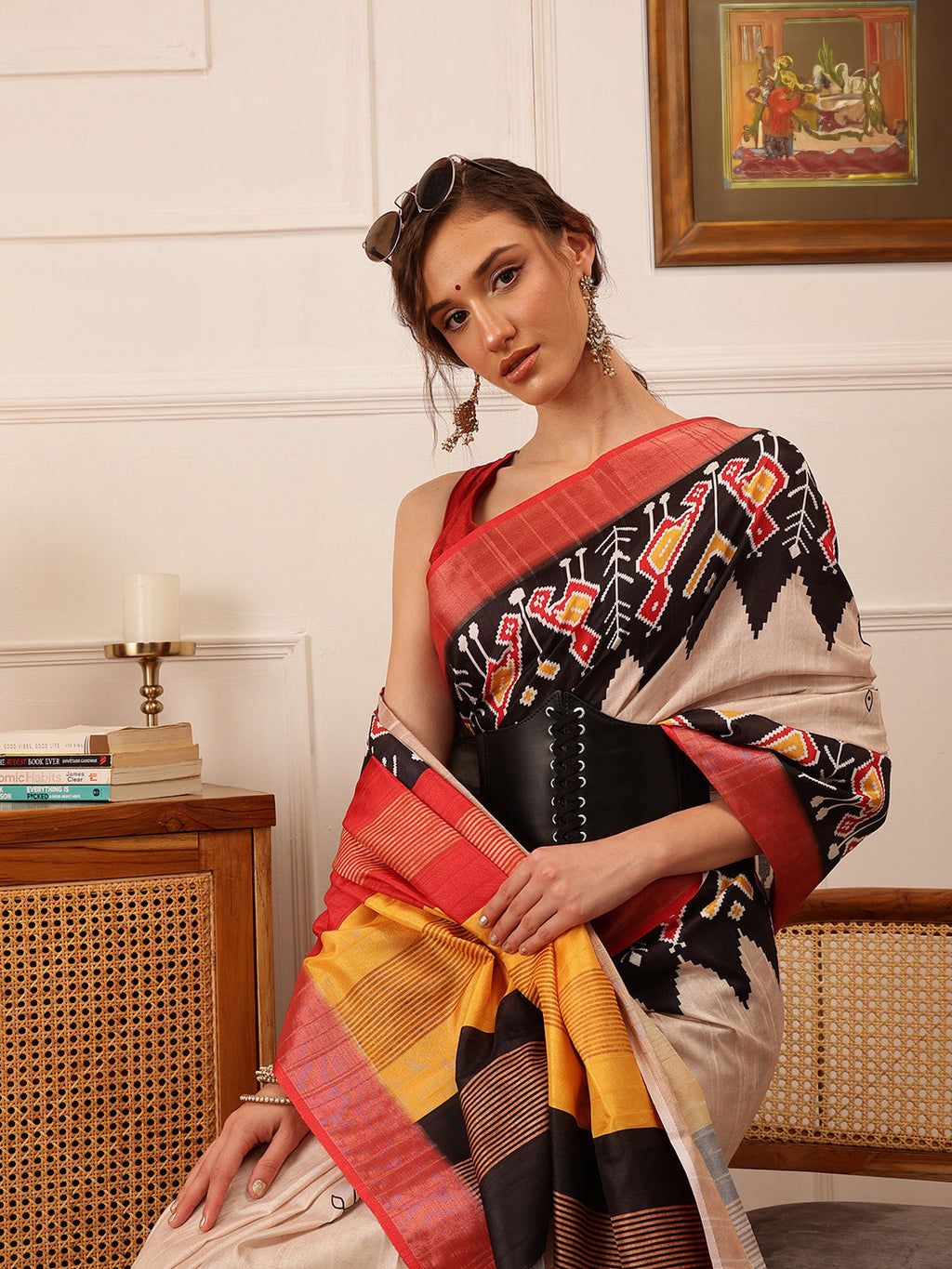 Beige Ikkat Kotha Silk Floral Digital Print Saree