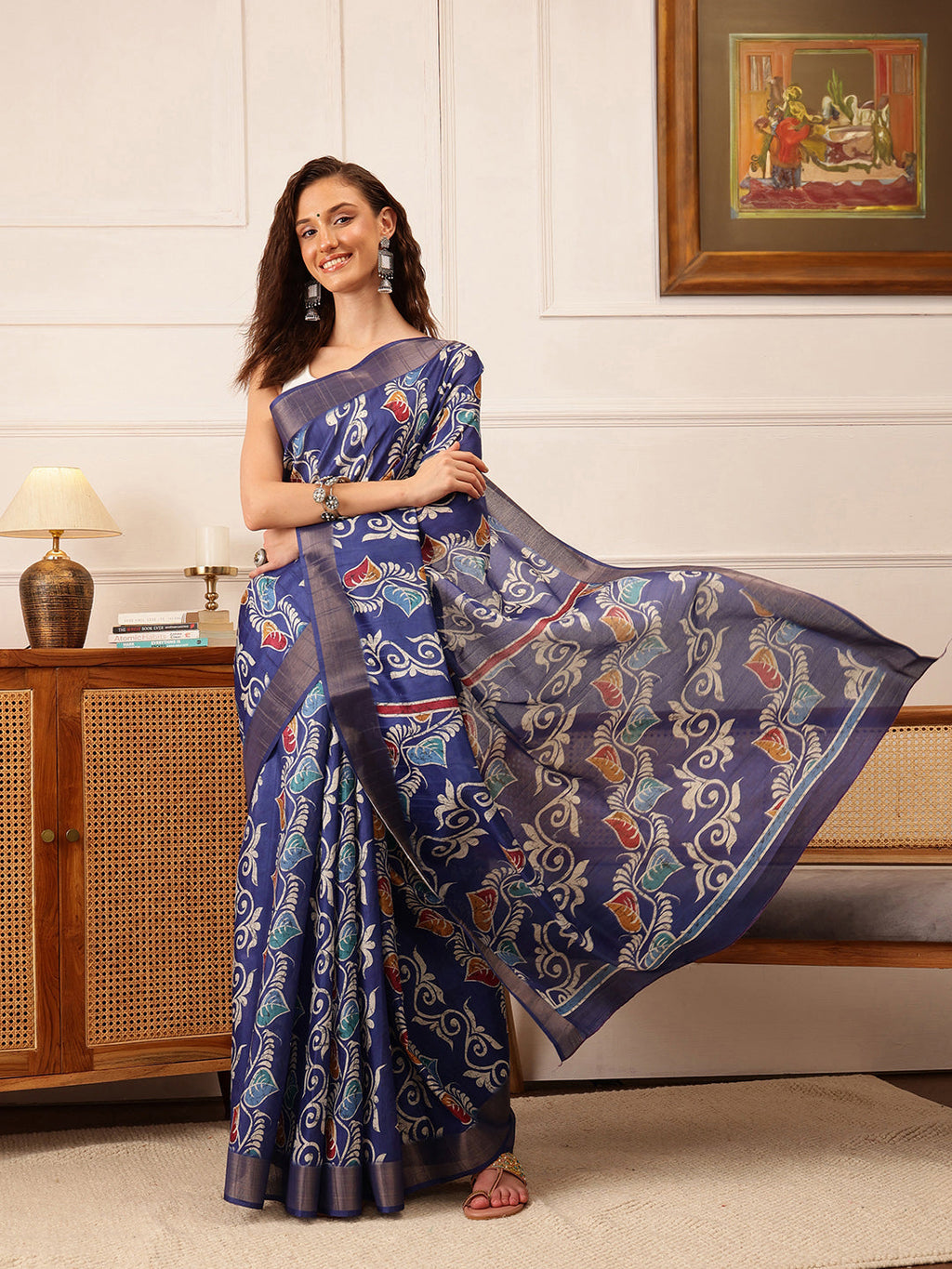 Blue Ikkat style Kotha Silk Saree with floral digital print