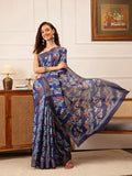 Blue Ikkat style Kotha Silk Saree with floral digital print