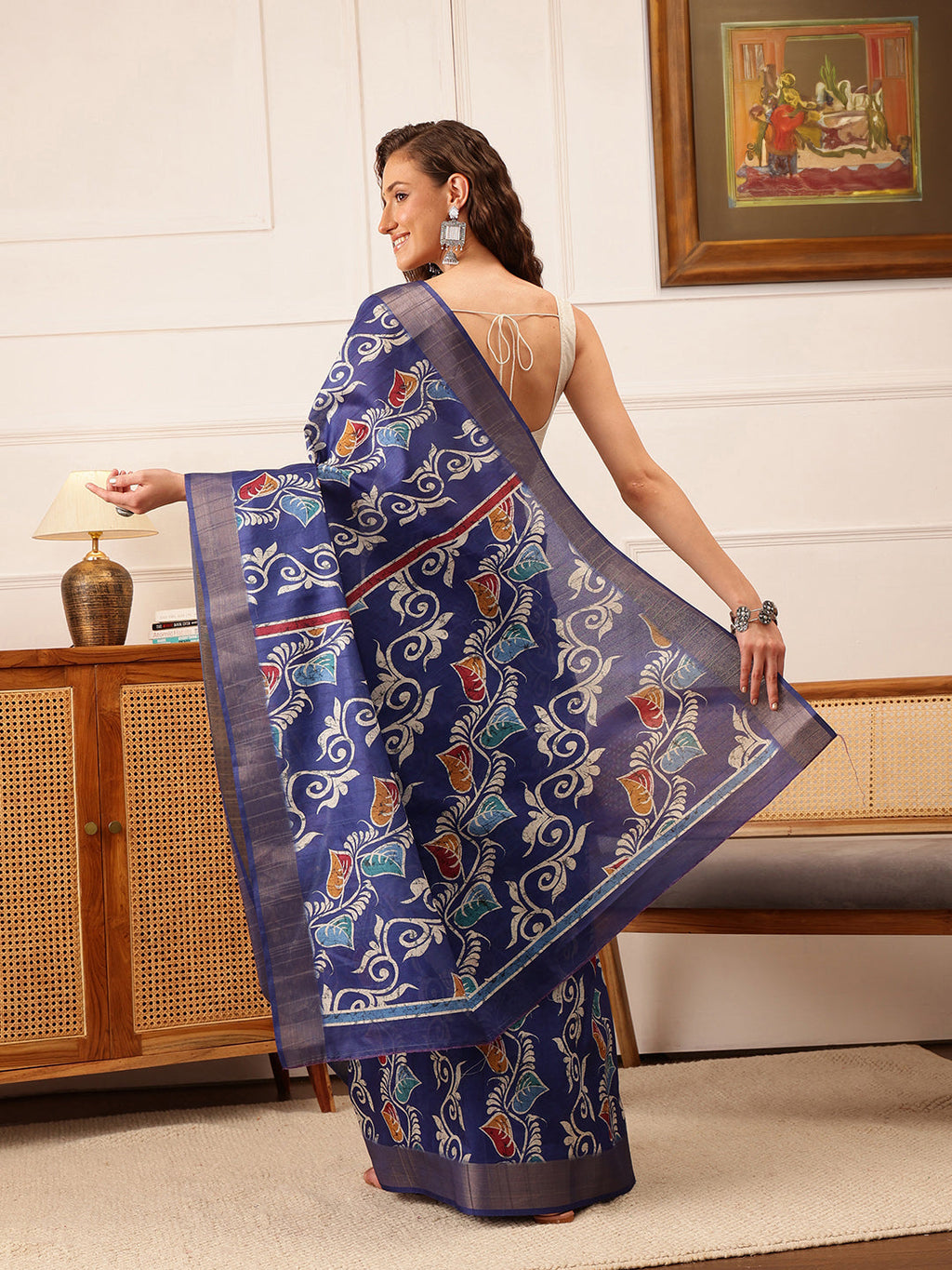 Blue Ikkat Kotha Silk Saree with Elegant Floral Digital Print