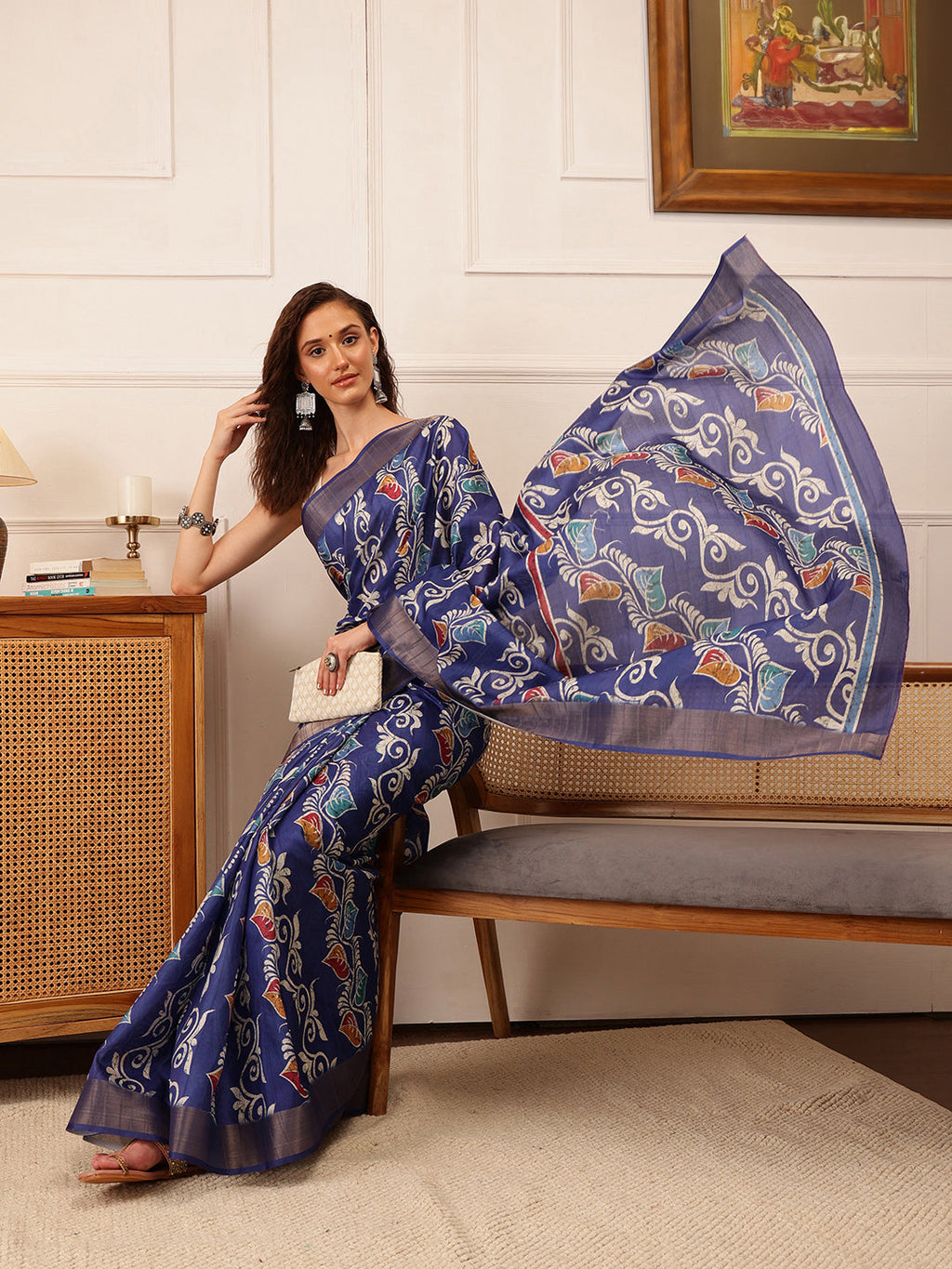 Blue Ikkat Kotha Silk Saree with Elegant Floral Digital Print