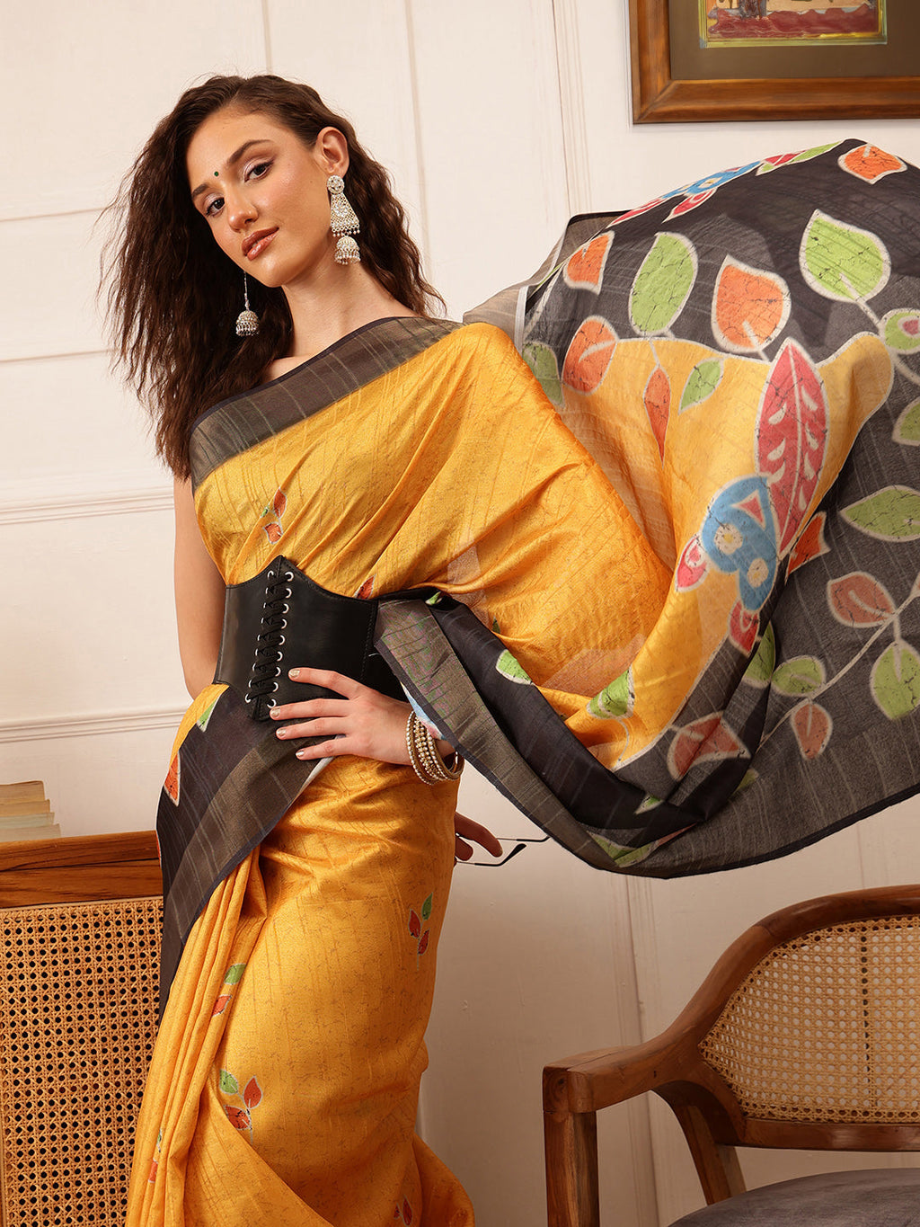 Mustard Ikkat Kotha Silk Saree with Floral Digital Print