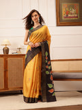 Mustard Kotha silk saree with floral digital prints and Ikkat patterns