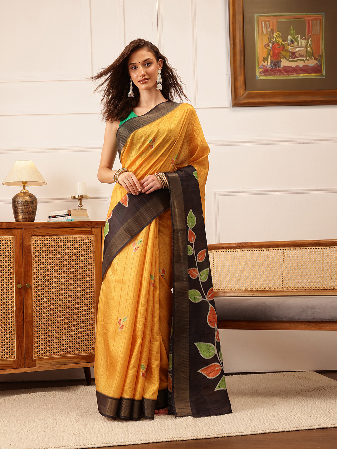 Mustard Kotha silk saree with floral digital prints and Ikkat patterns