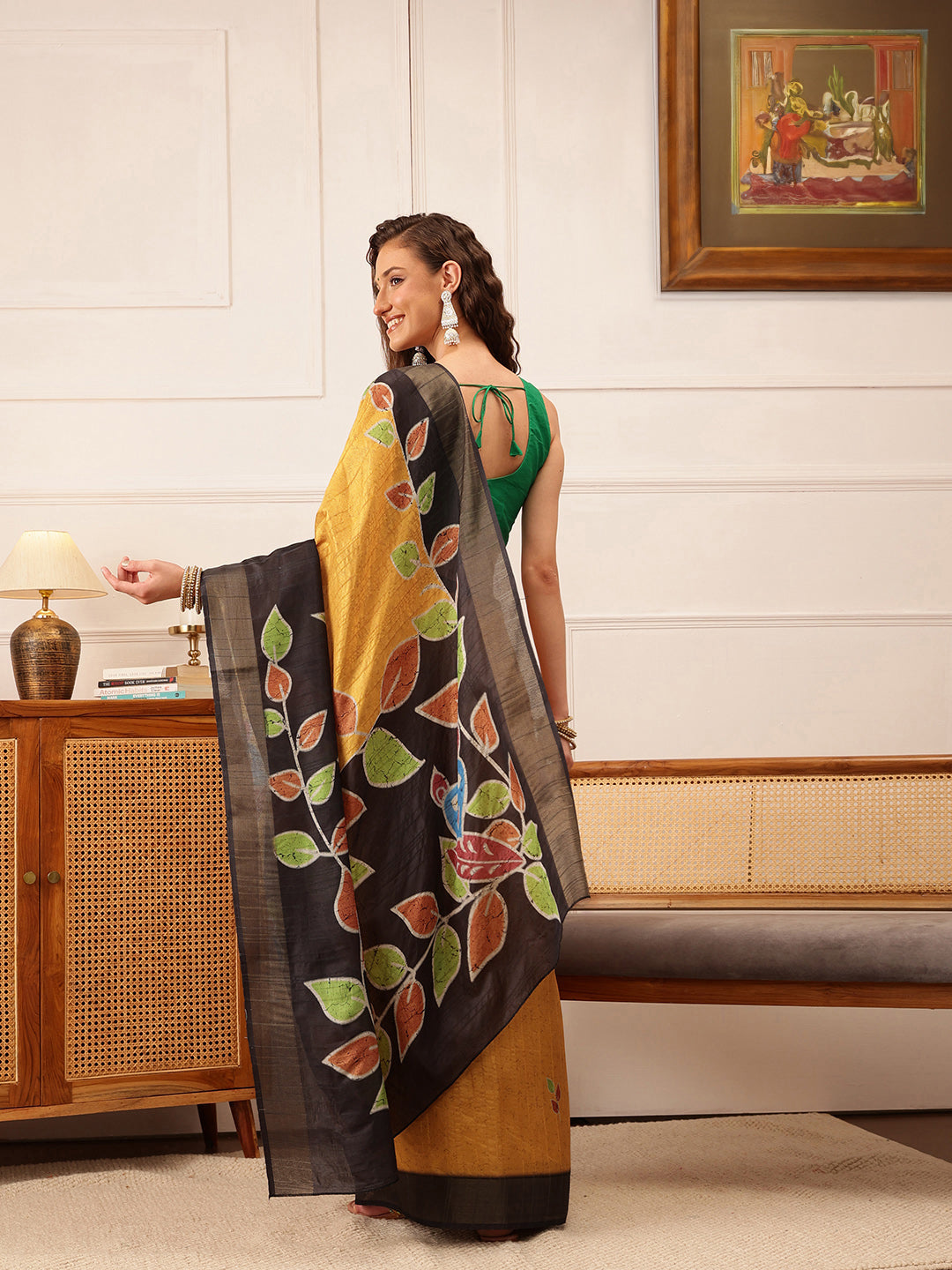 Mustard Ikkat Kotha Silk Saree with Floral Digital Print