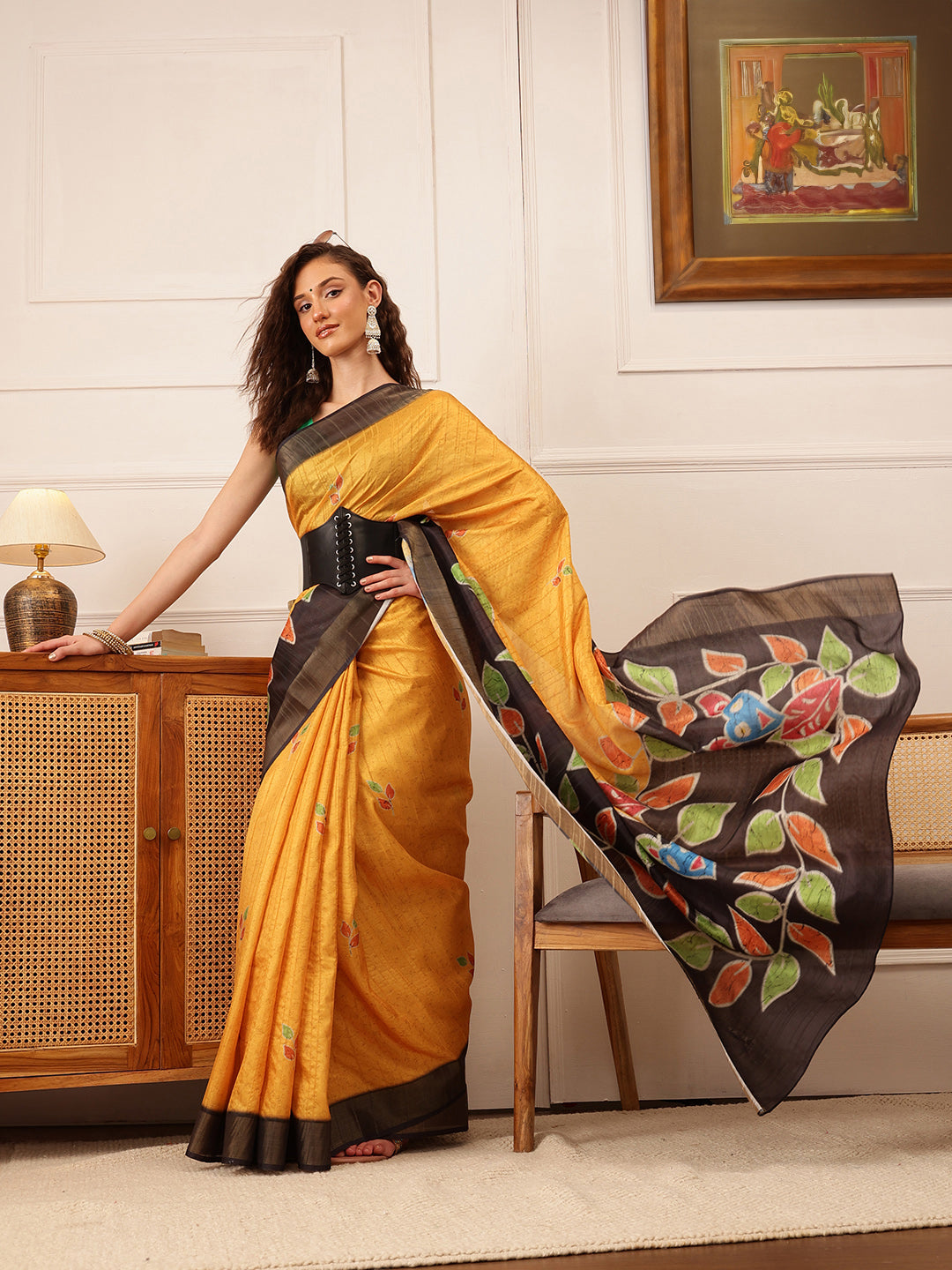 Mustard Ikkat Kotha Silk Saree with Floral Digital Print