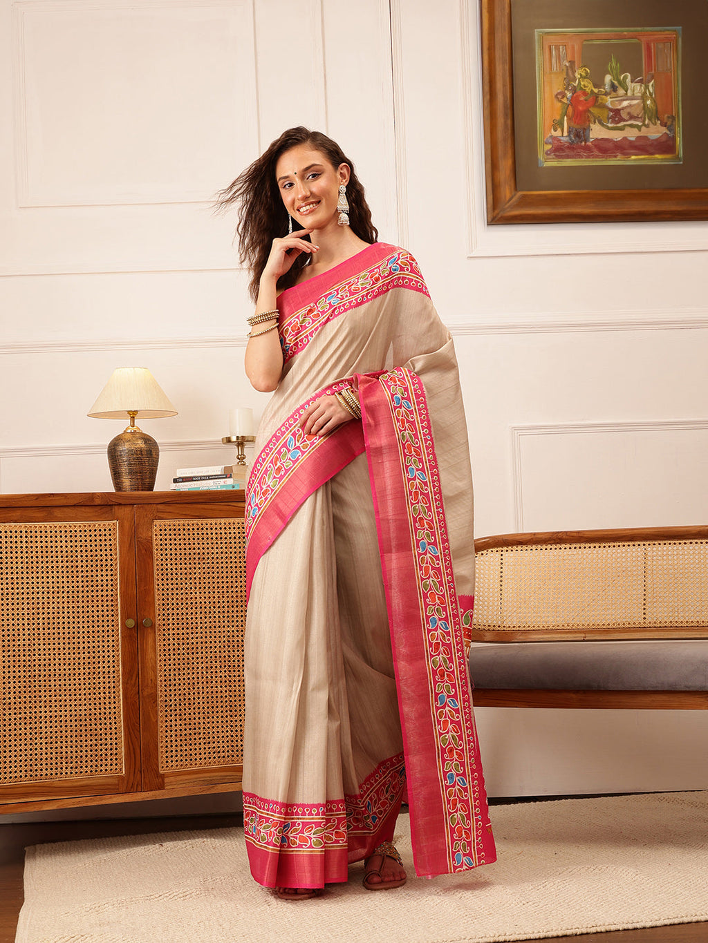 Beige Ikkat Kotha Silk Floral Digital Print Saree