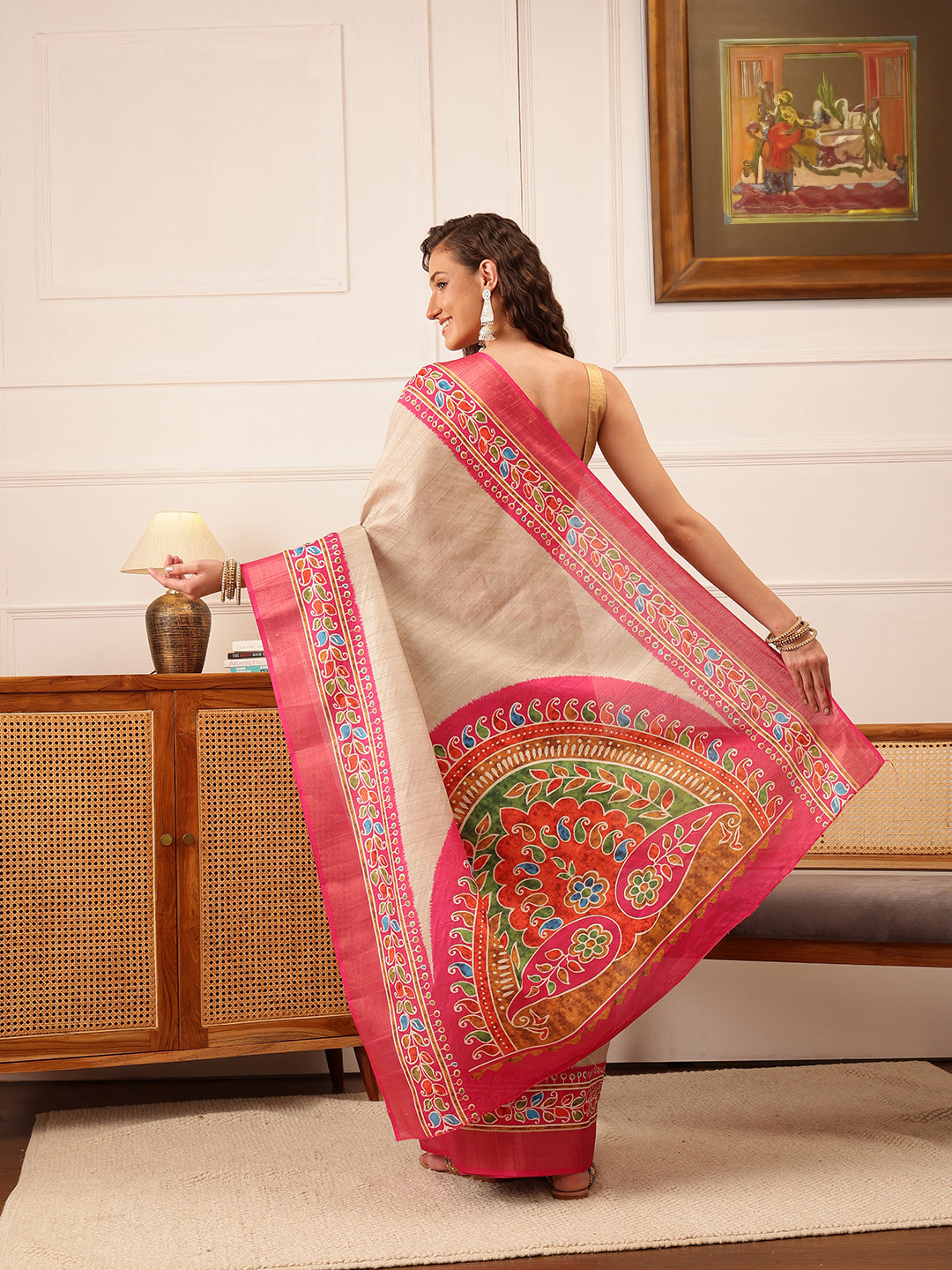 Beige Ikkat Kotha Silk Floral Digital Print Saree