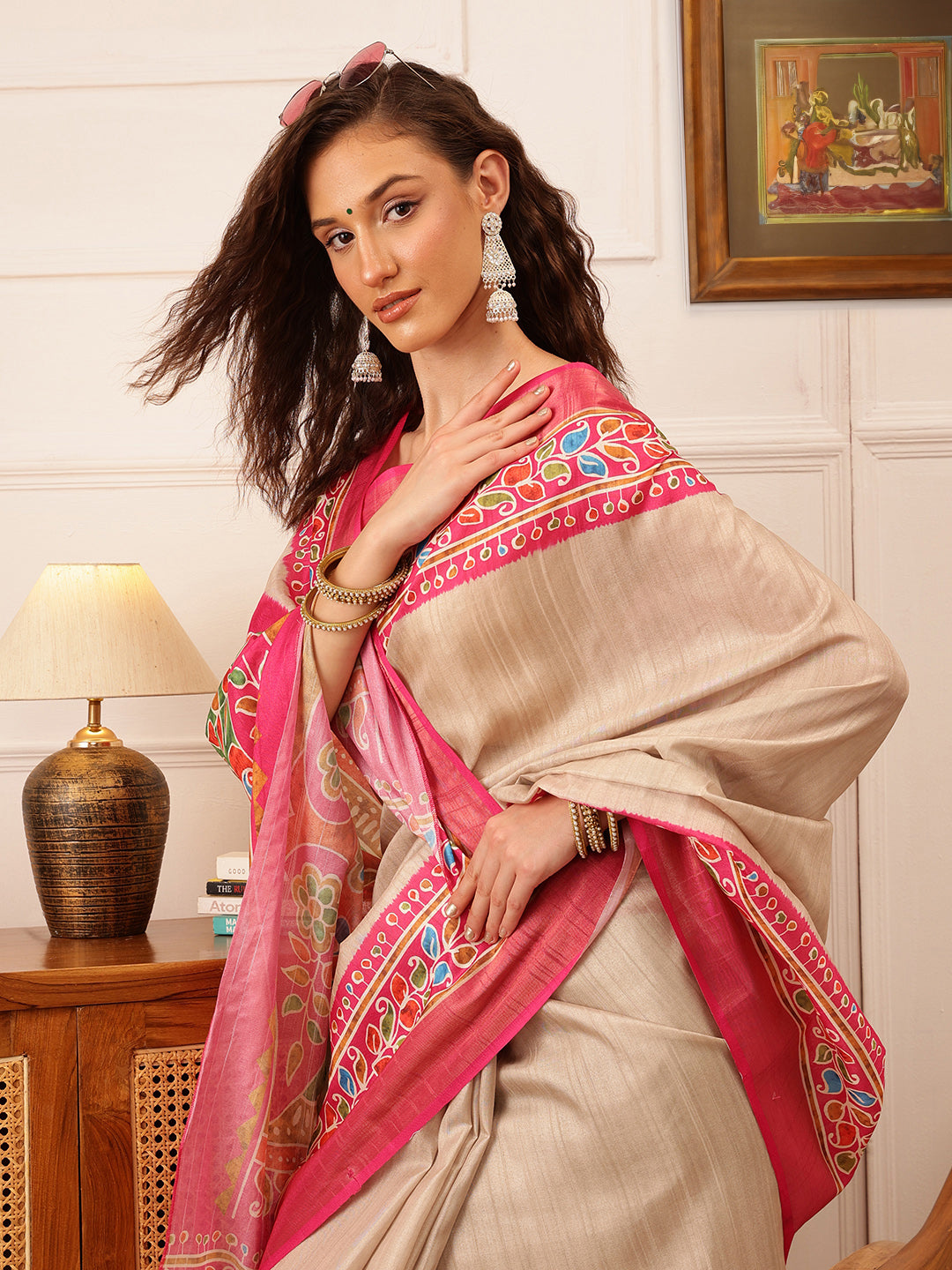Beige Ikkat Kotha Silk Floral Digital Print Saree