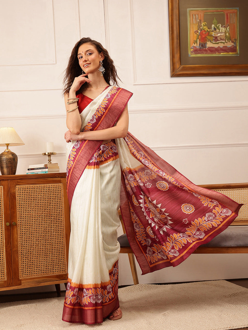 Sophisticated off-white Kotha silk saree with detailed floral digital prints.