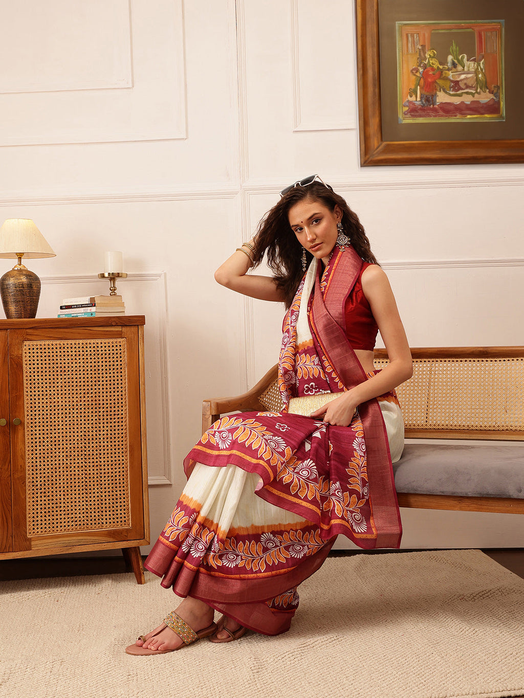 Off White Ikkat Kotha Silk Floral Digital Print Saree