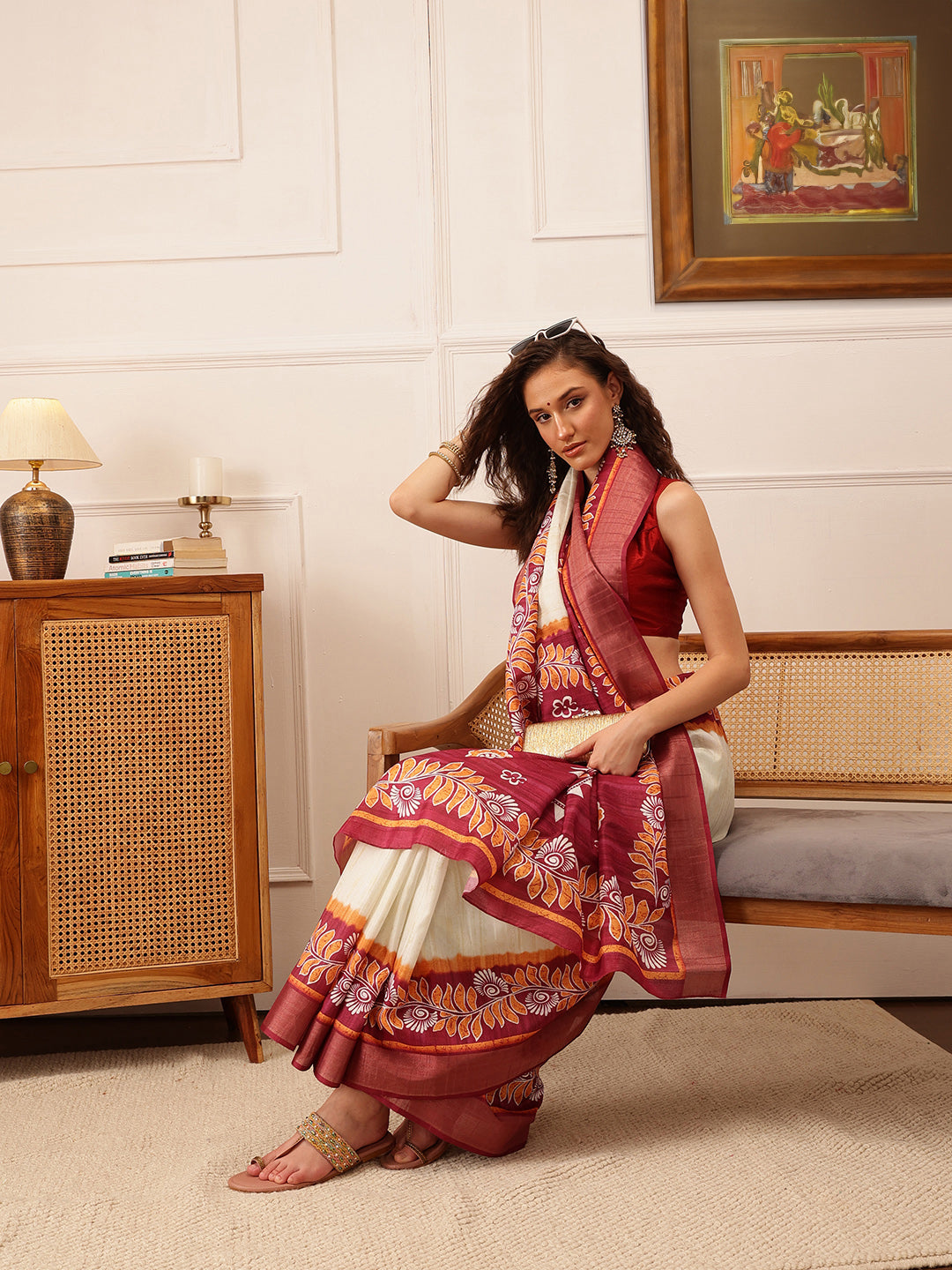 Off White Ikkat Kotha Silk Floral Digital Print Saree