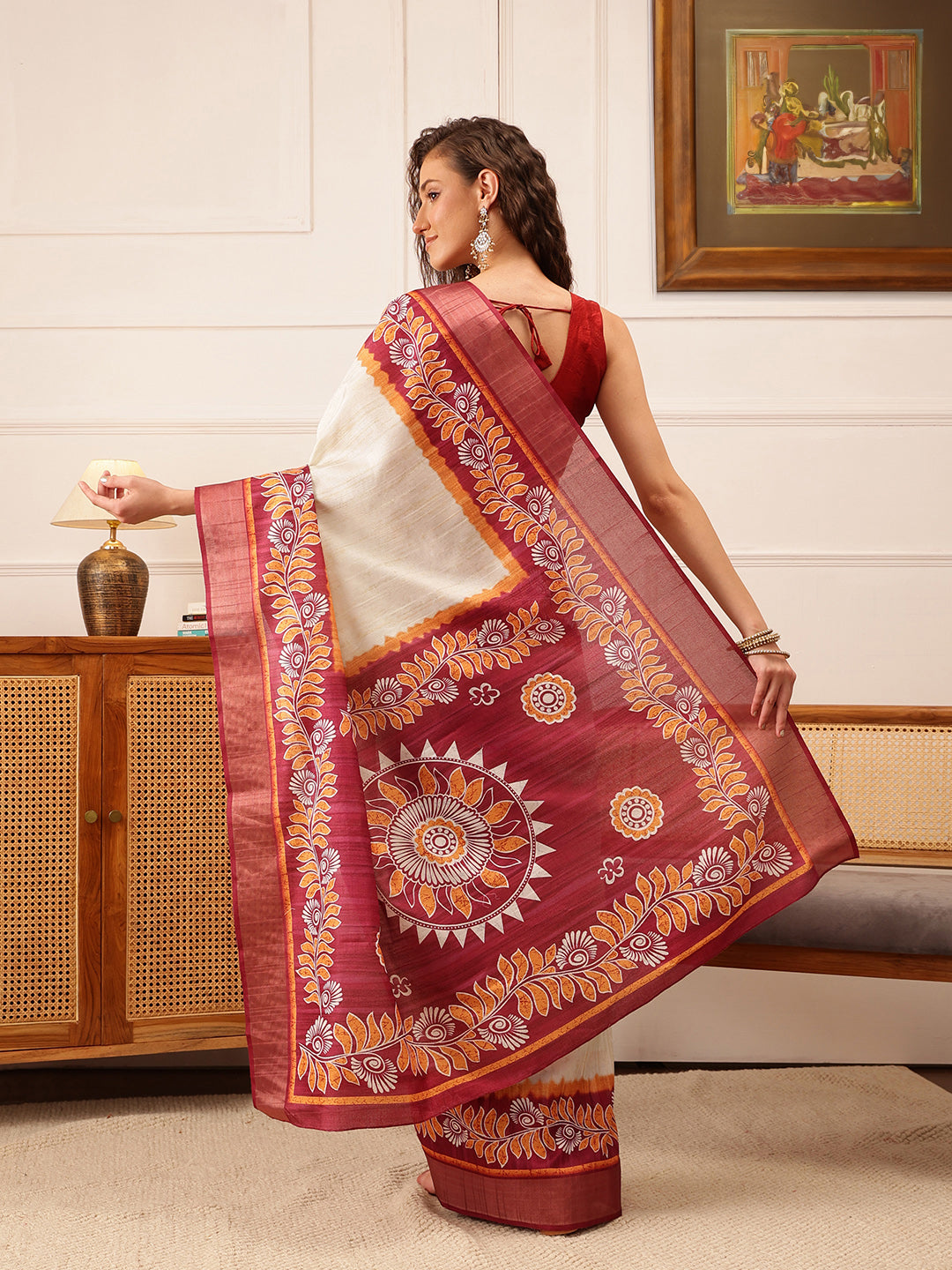 Off White Ikkat Kotha Silk Floral Digital Print Saree