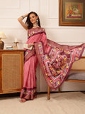 Pink Kotha silk saree with floral digital print and Ikkat-inspired design