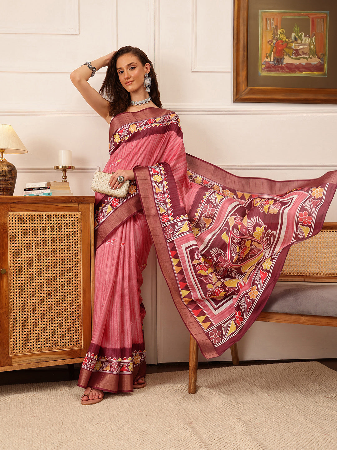 Pink Kotha silk saree with floral digital print and Ikkat-inspired design