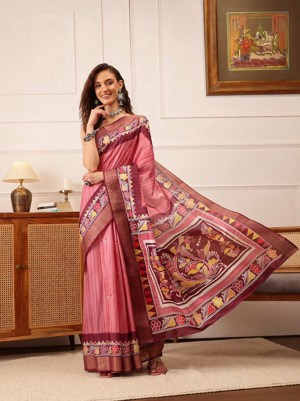 Pink Ikkat Kotha Silk Saree with Floral Digital Print