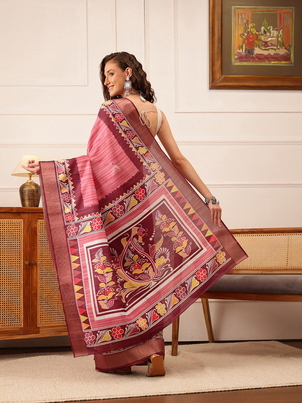 Pink Ikkat Kotha Silk Saree with Floral Digital Print