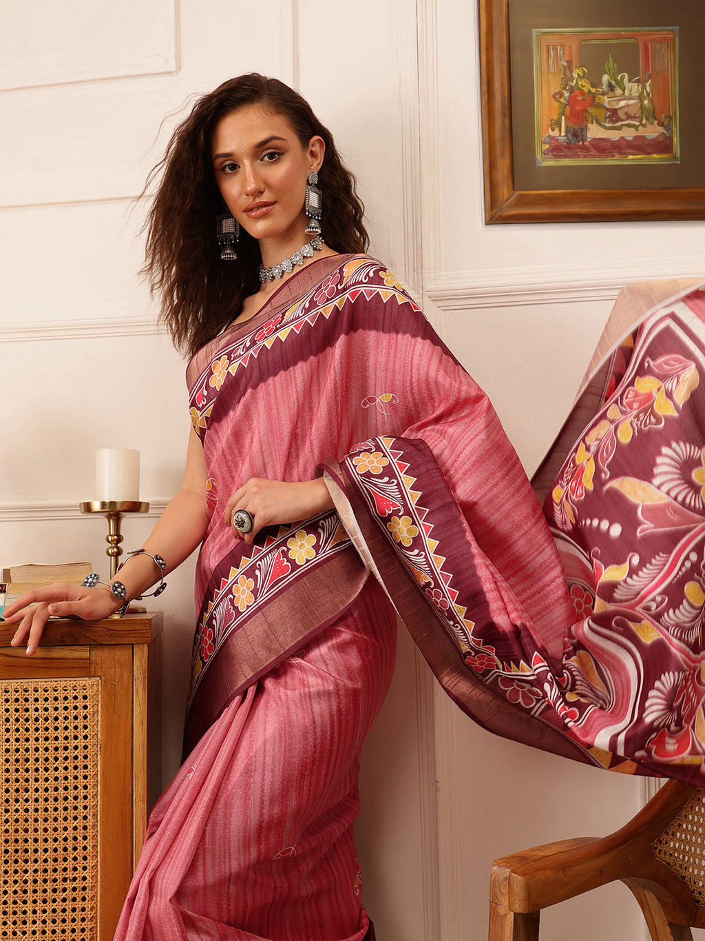 Pink Ikkat Kotha Silk Saree with Floral Digital Print