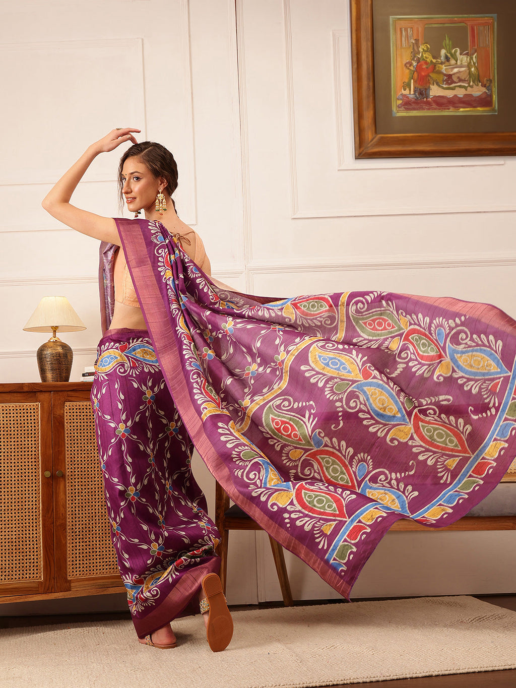 Purple Ikkat Kotha Silk Floral Digital Print Saree