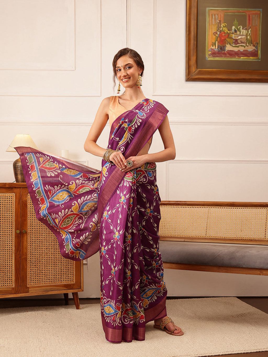Purple Ikkat Kotha Silk saree with intricate floral digital prints