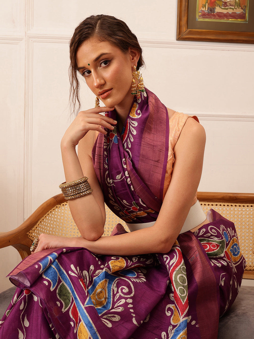 Purple Ikkat Kotha Silk Floral Digital Print Saree