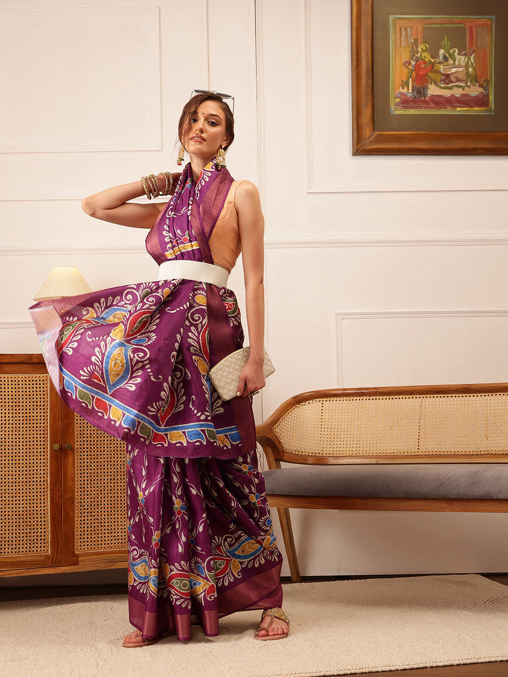 Purple Ikkat Kotha Silk Floral Digital Print Saree