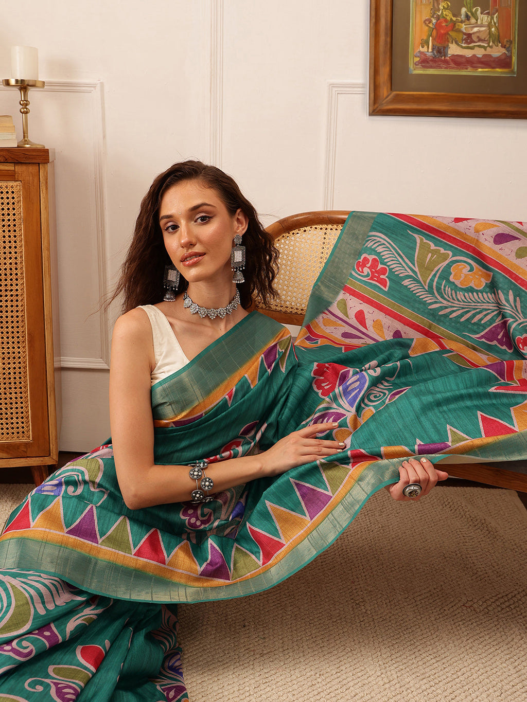 Teal Ikkat Kotha Silk Saree with Floral Digital Print