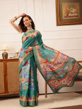 Teal Kotha silk saree featuring delicate floral digital print and Ikkat design