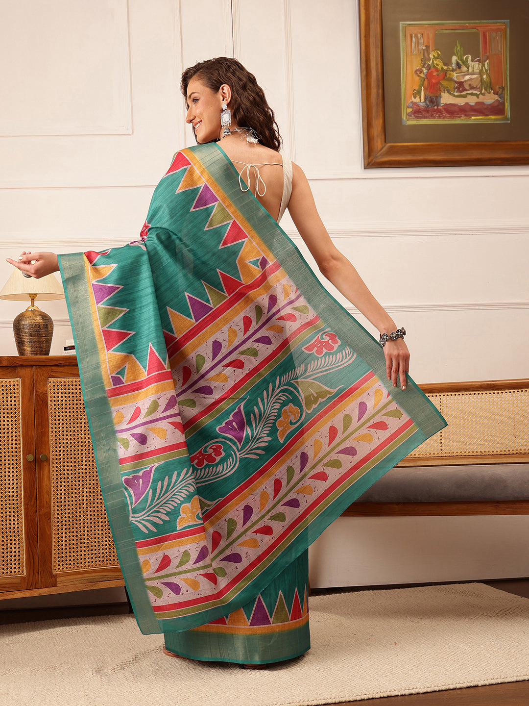 Teal Ikkat Kotha Silk Saree with Floral Digital Print