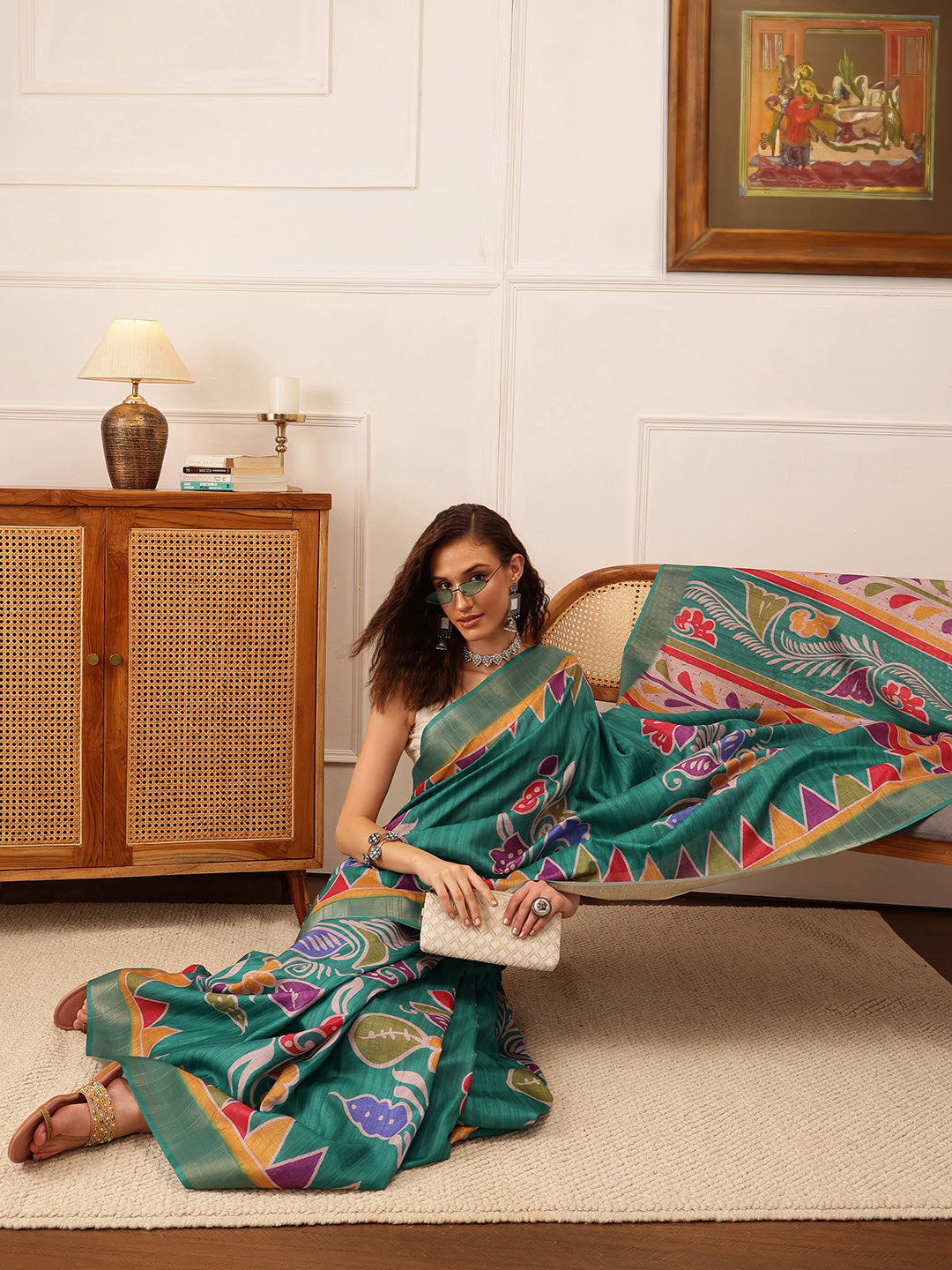 Teal Ikkat Kotha Silk Saree with Floral Digital Print