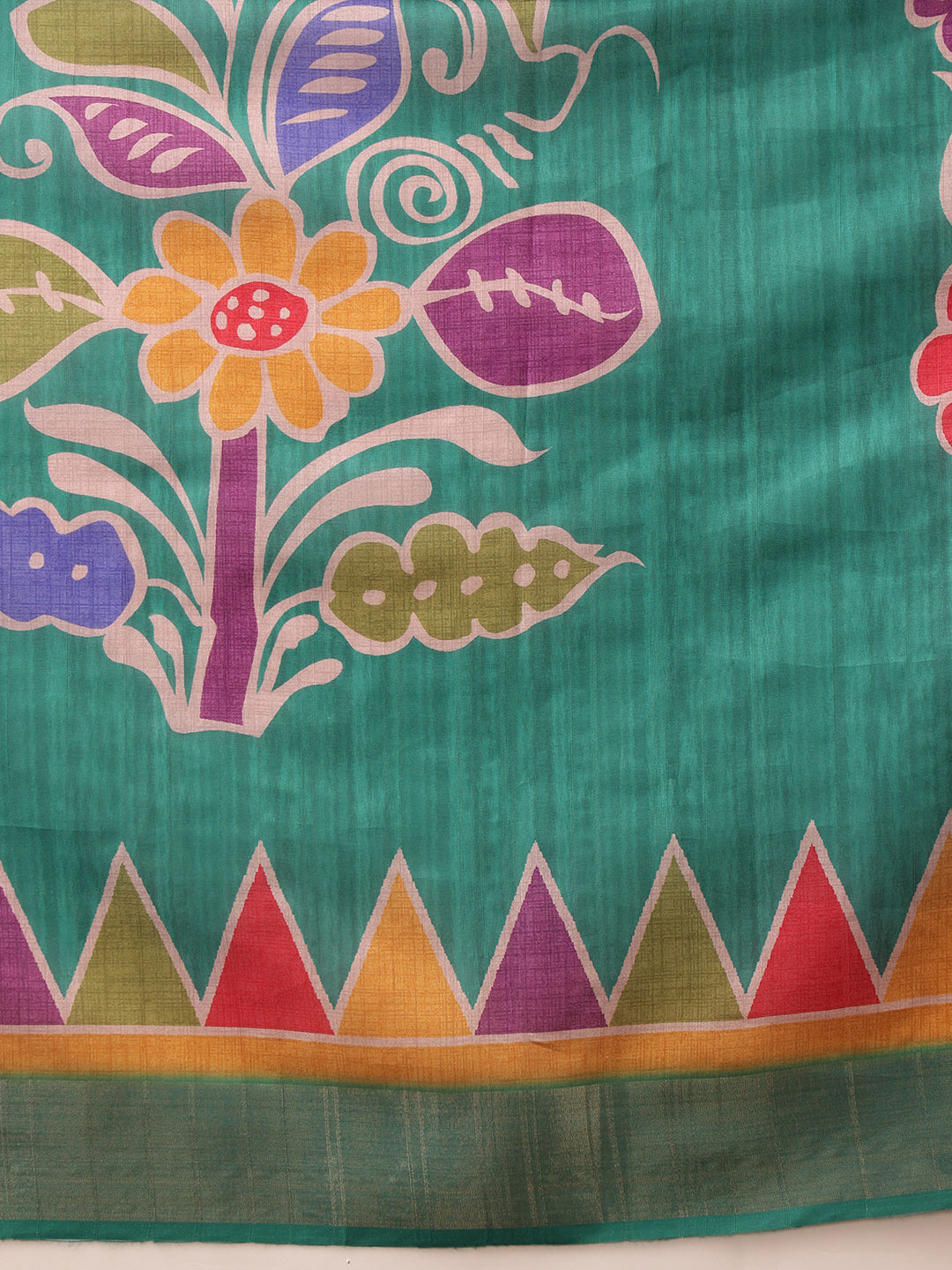 Teal Ikkat Kotha Silk Saree with Floral Digital Print