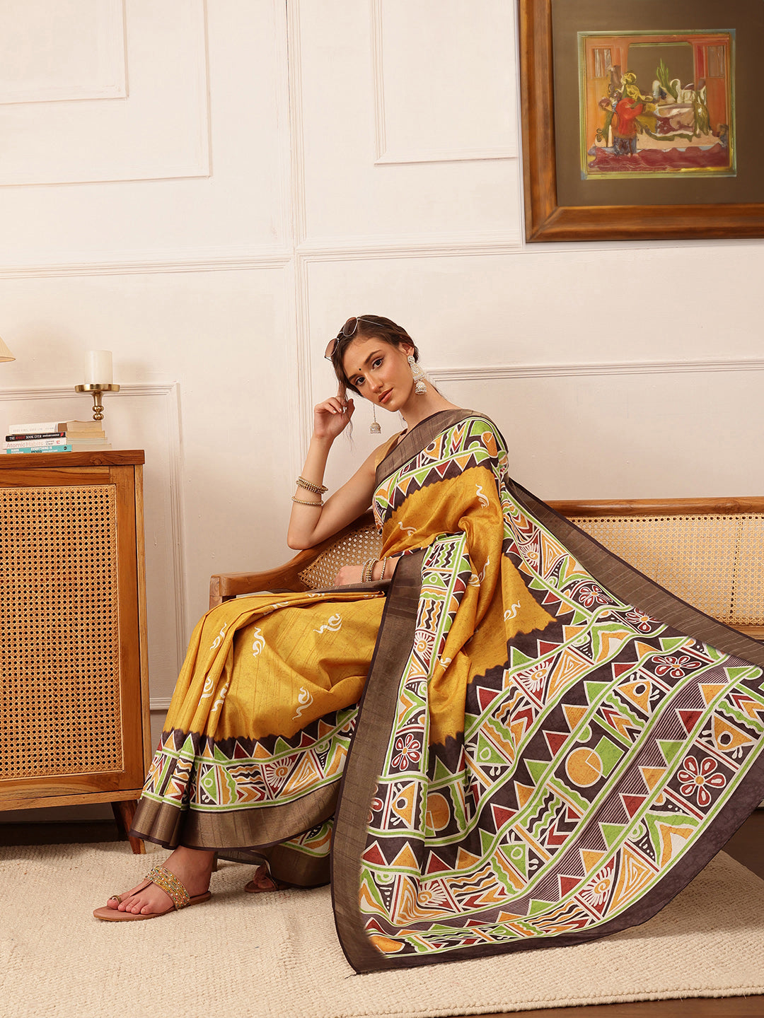 Elegant yellow Kotha silk saree with vibrant floral digital prints.