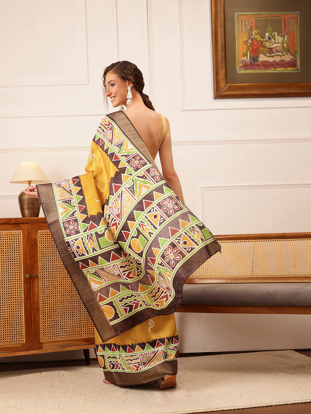 Yellow Ikkat Kotha Silk Floral Digital Print Saree