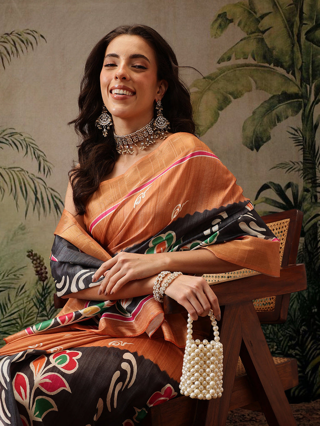 Black Banarasi Silk Blend Floral Digital Printed Saree