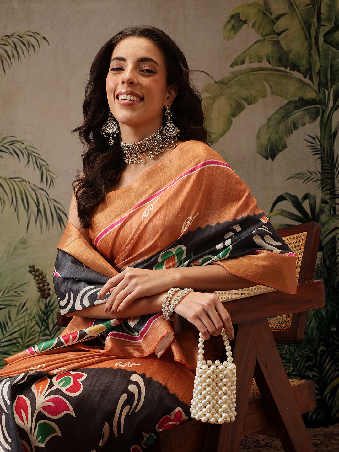 Black Banarasi Silk Blend Floral Digital Printed Saree