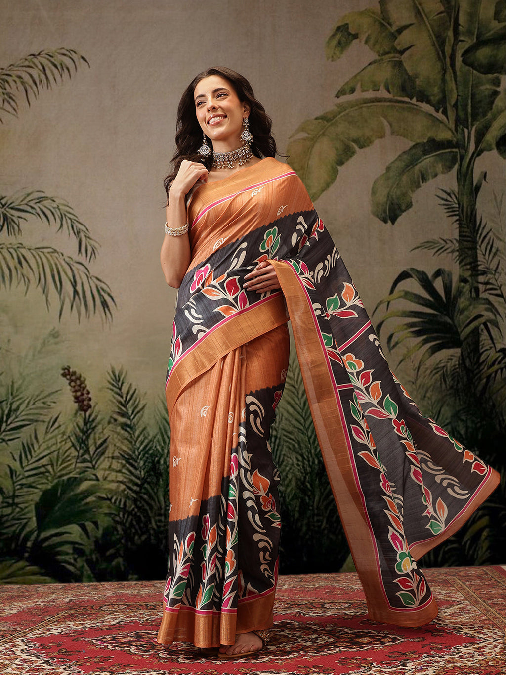 Black Banarasi Silk Blend Saree with colorful floral digital print