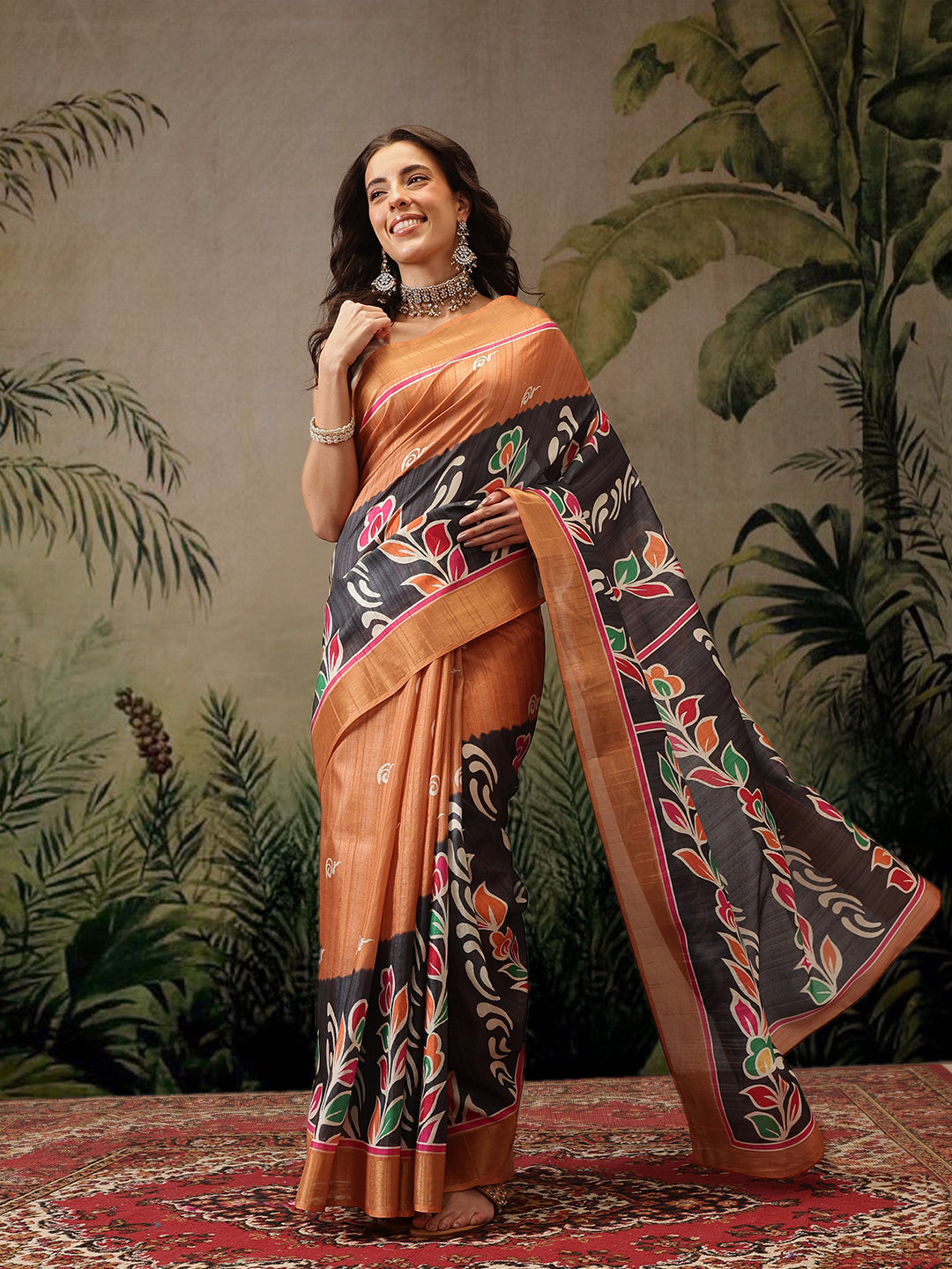 Black Banarasi Silk Blend Saree with colorful floral digital print
