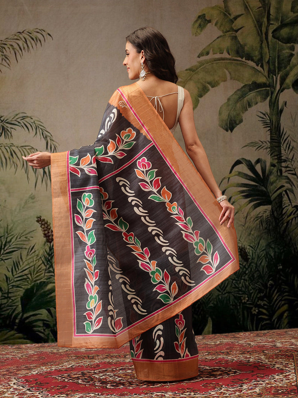 Black Banarasi Silk Blend Floral Digital Printed Saree