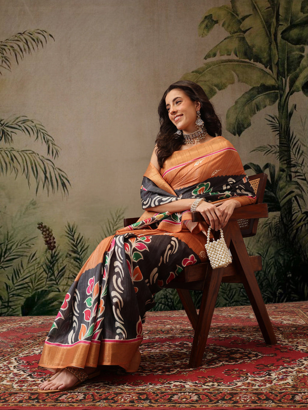 Black Banarasi Silk Blend Floral Digital Printed Saree