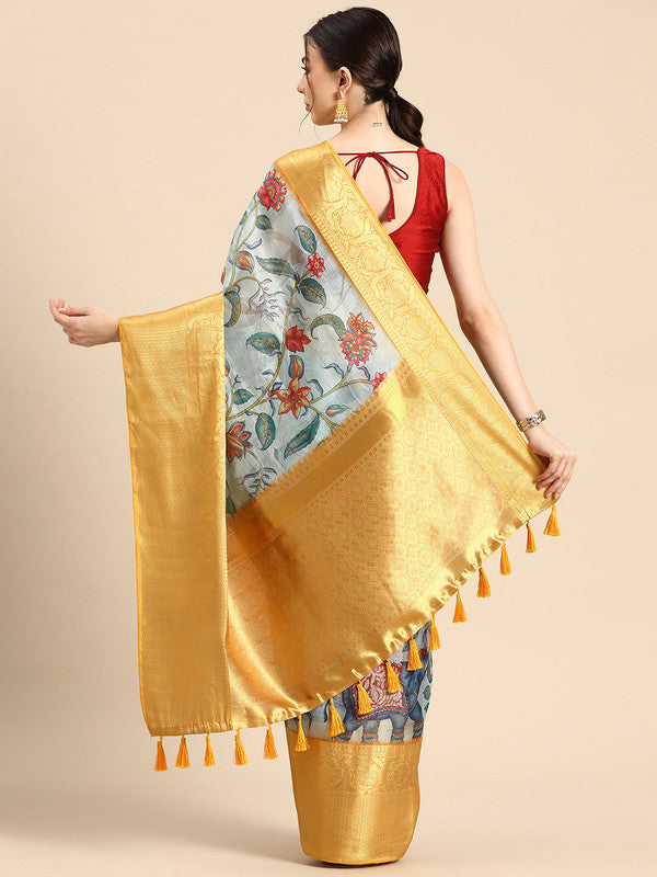 Sky Blue Munga Silk Floral Digital Print Saree